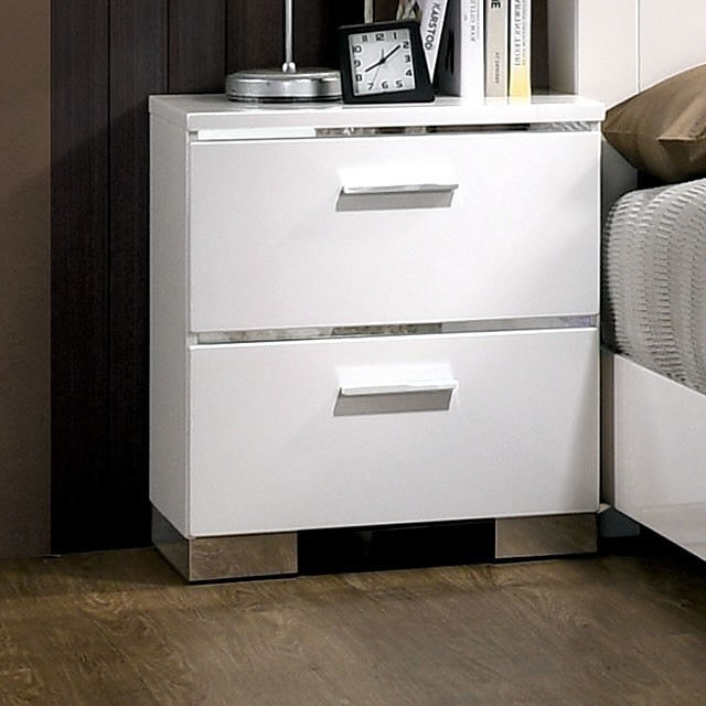 Chrome White LED LIT Cal King Bed with Mirrored Dresser, Chest and 2 Night Stand