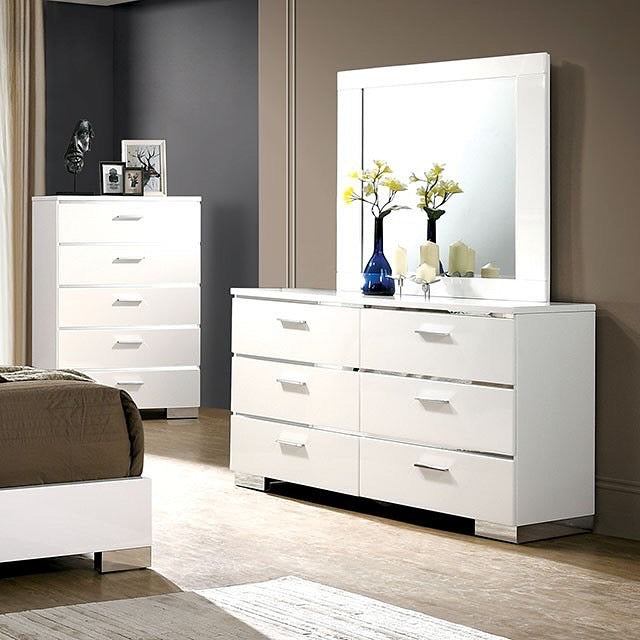 Chrome White LED LIT Cal King Bed with Mirrored Dresser, Chest and 2 Night Stand