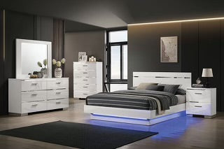 Chrome White LED LIT Cal King Bed with Mirrored Dresser, Chest and 2 Night Stand