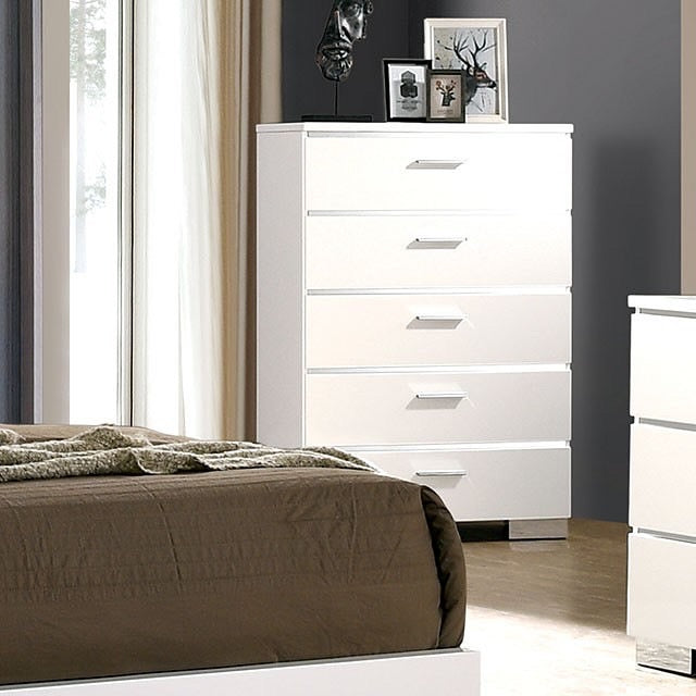 Chrome White LED LIT Cal King Bed with Mirrored Dresser, Chest and 2 Night Stand