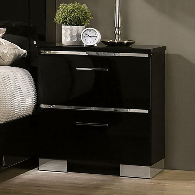 Black Chrome Queen Bed with Mirrored Dresser, Chest, and Two night stands