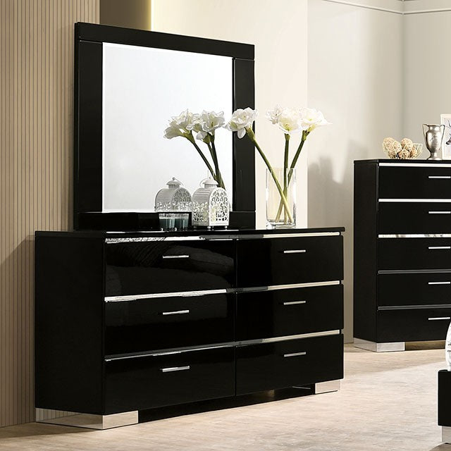 Black Chrome Queen Bed with Mirrored Dresser, Chest, and Two night stands