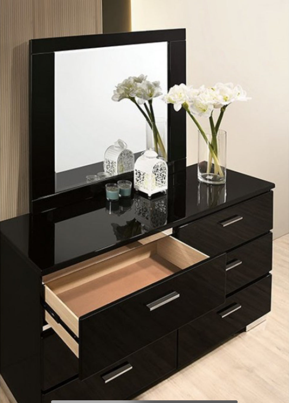 Black Chrome Queen Bed with Mirrored Dresser, Chest, and Two night stands