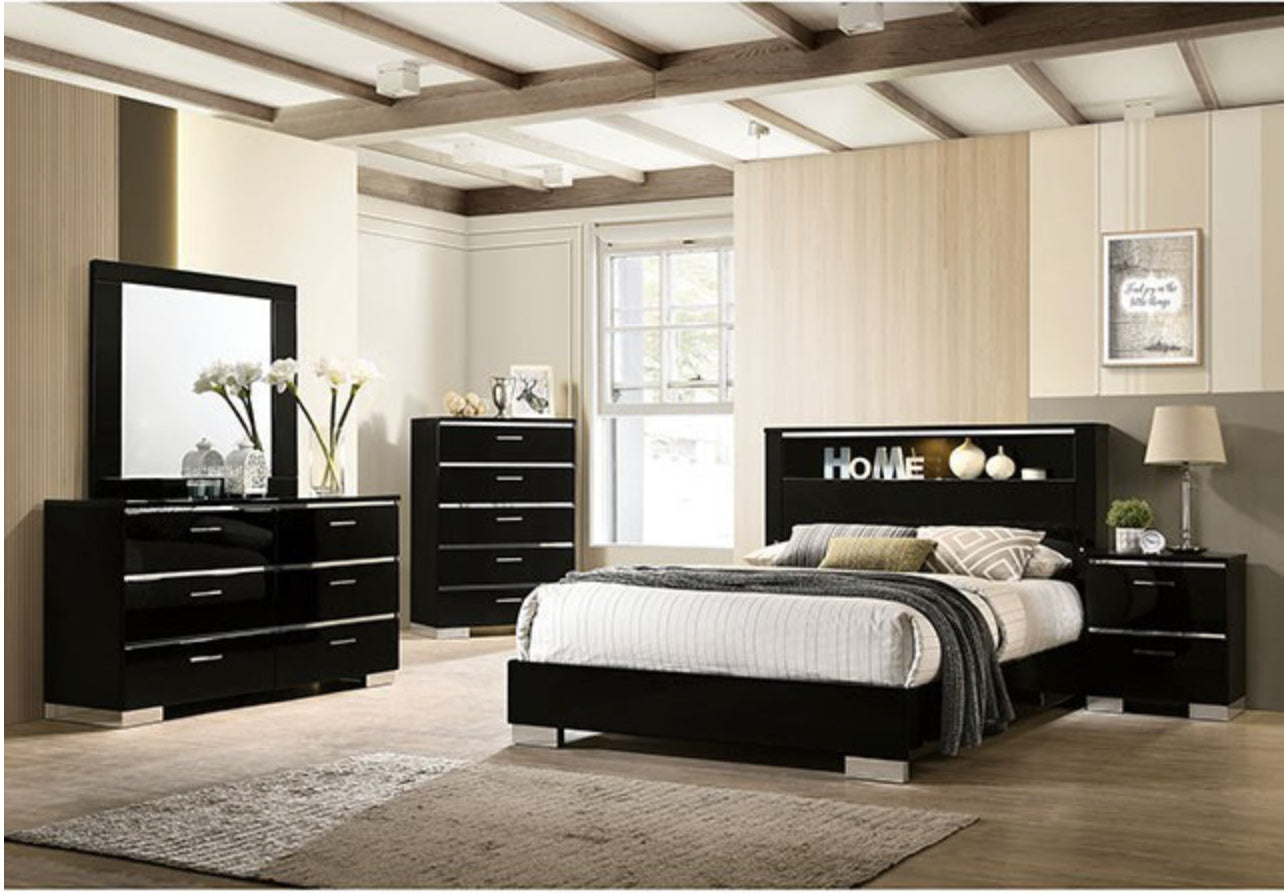 Black Chrome Queen Bed with Mirrored Dresser, Chest, and Two night stands