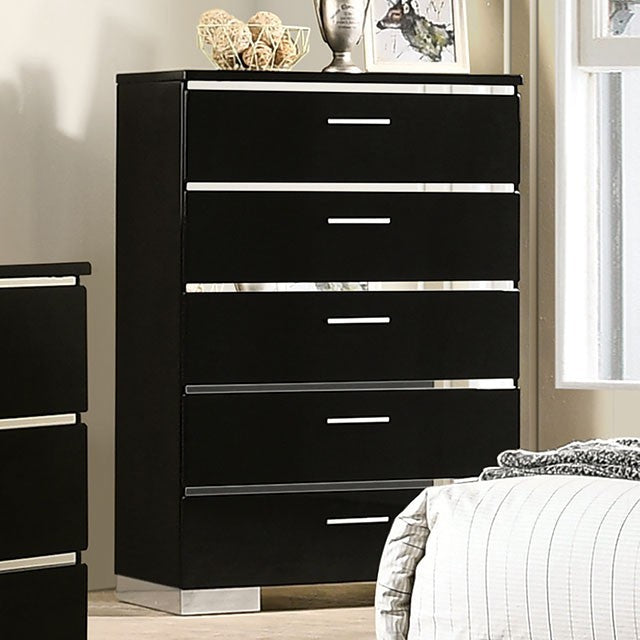 Black Chrome Queen Bed with Mirrored Dresser, Chest, and Two night stands