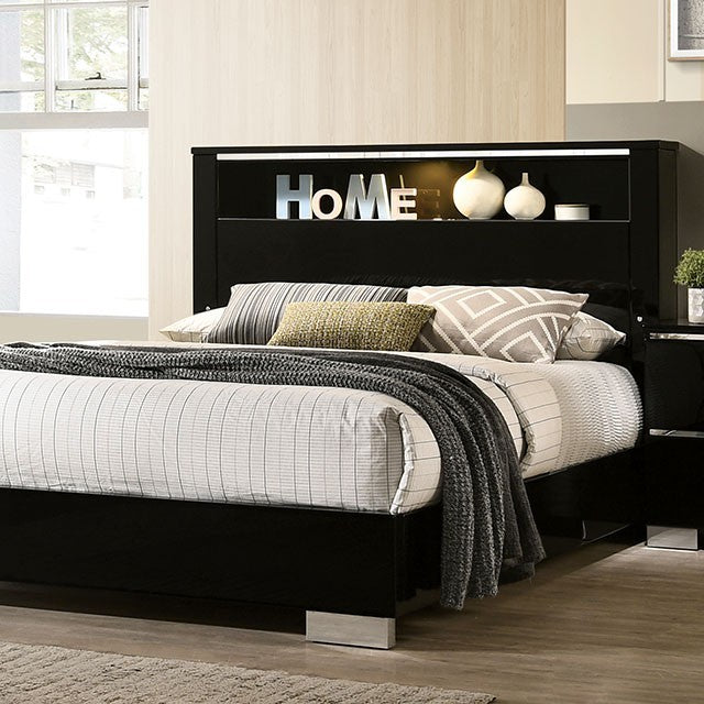 Black Chrome Queen Bed with Mirrored Dresser, Chest, and Two night stands