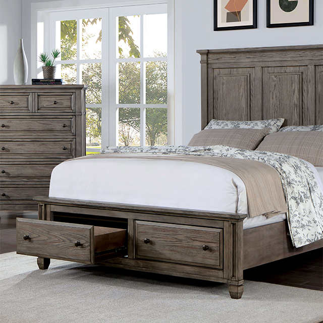 Solid Wooden Warm Gray Cal King Bed with Mirrored Dresser and 2 Night Stands