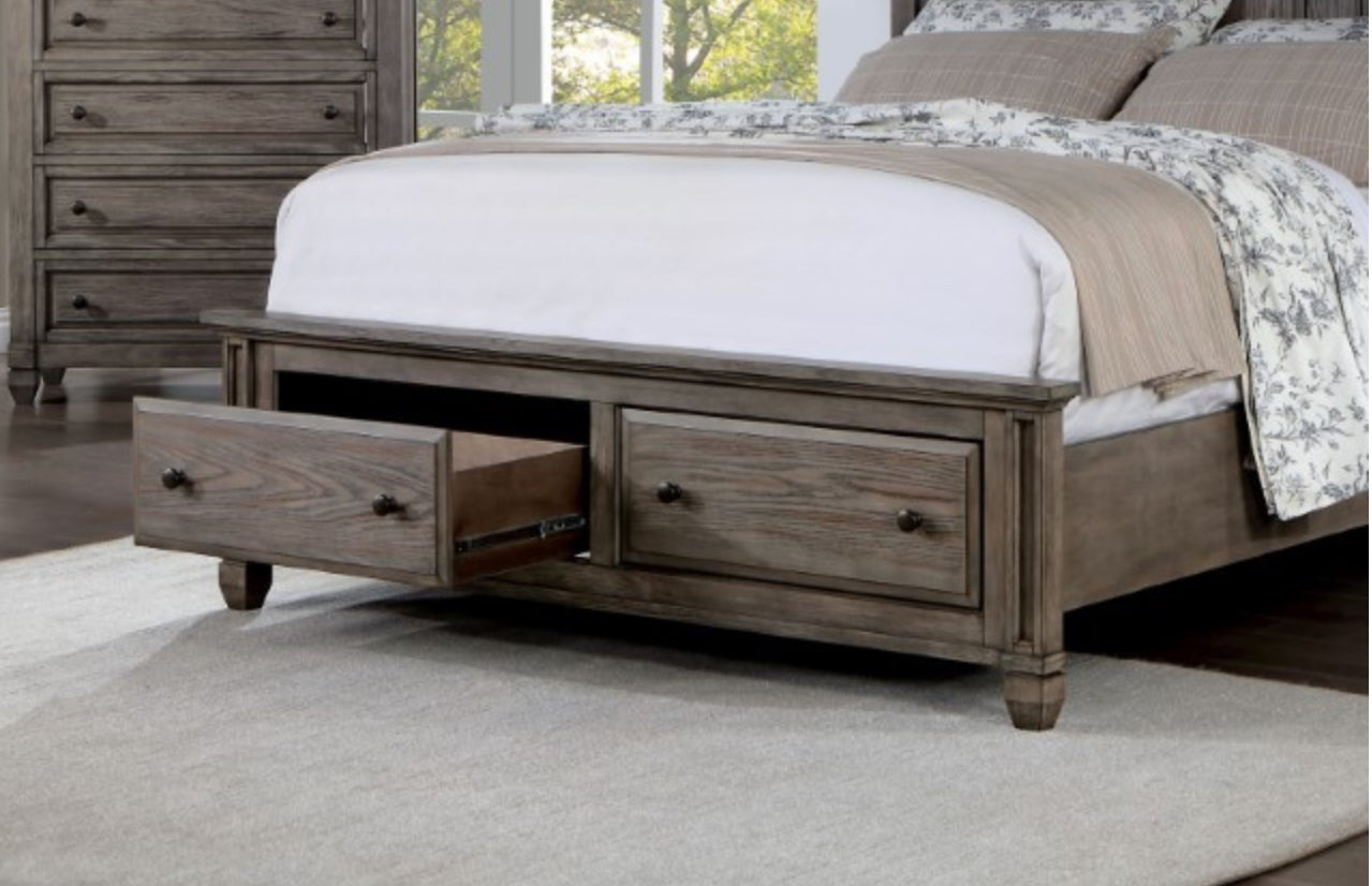 Solid Wooden Warm Gray Cal King Bed with Mirrored Dresser and 2 Night Stands