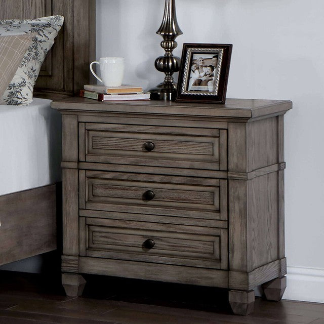 Solid Wood Warm Gray 3 drawer Night Stand with a USB Port