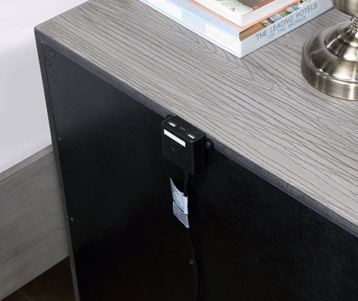 Solid Wood Gray Night Stand with USB ports