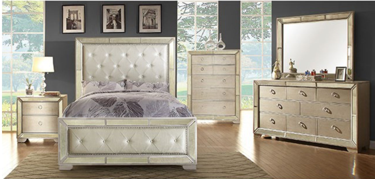 Glam Champagne Cal. King Bed with Mirrored Dresser and Media Chest