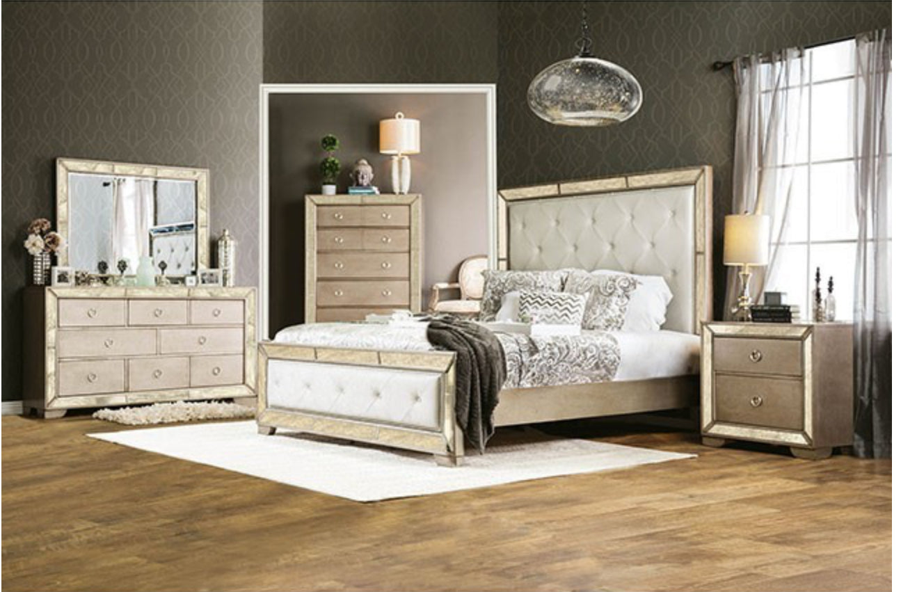 Glam Champagne E. King Bed with Mirrored Dresser and Media Chest