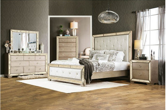 Glam Champagne Cal. King Bed with Mirrored Dresser and Media Chest