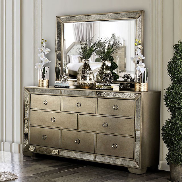 Glam Champagne E. King Bed with Mirrored Dresser and Media Chest