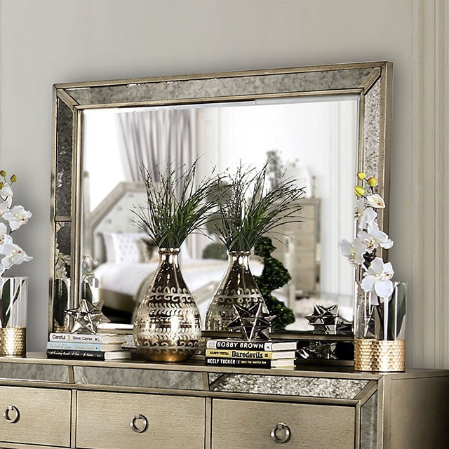 Glam Champagne E. King Bed with Mirrored Dresser and Media Chest