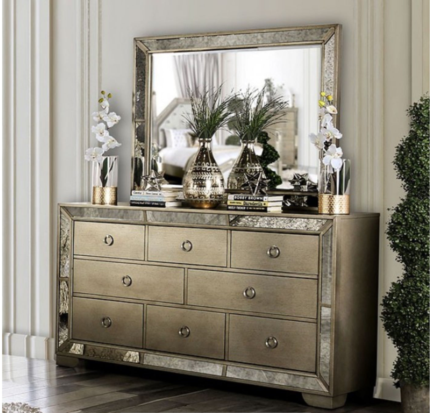 Glam Champagne Cal. King Bed with Mirrored Dresser and Media Chest