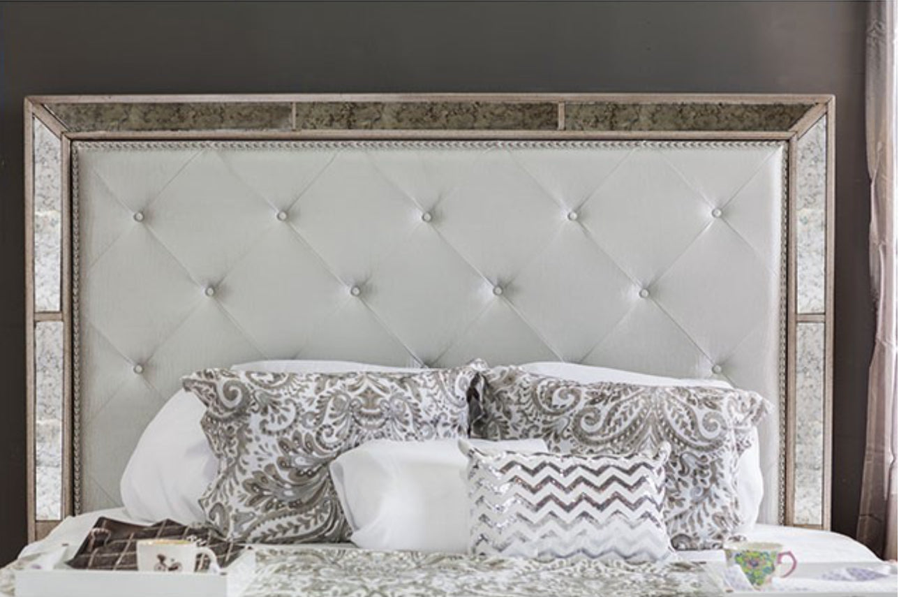 Glam Champagne Cal. King Bed with Mirrored Dresser and Media Chest