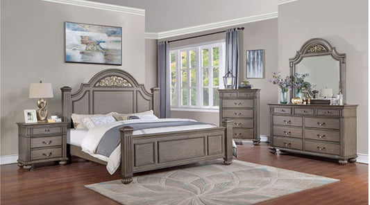 Solid Wood Gray Cal. King Bed with Mirrored Dresser, Chest, and 2 Night Stands