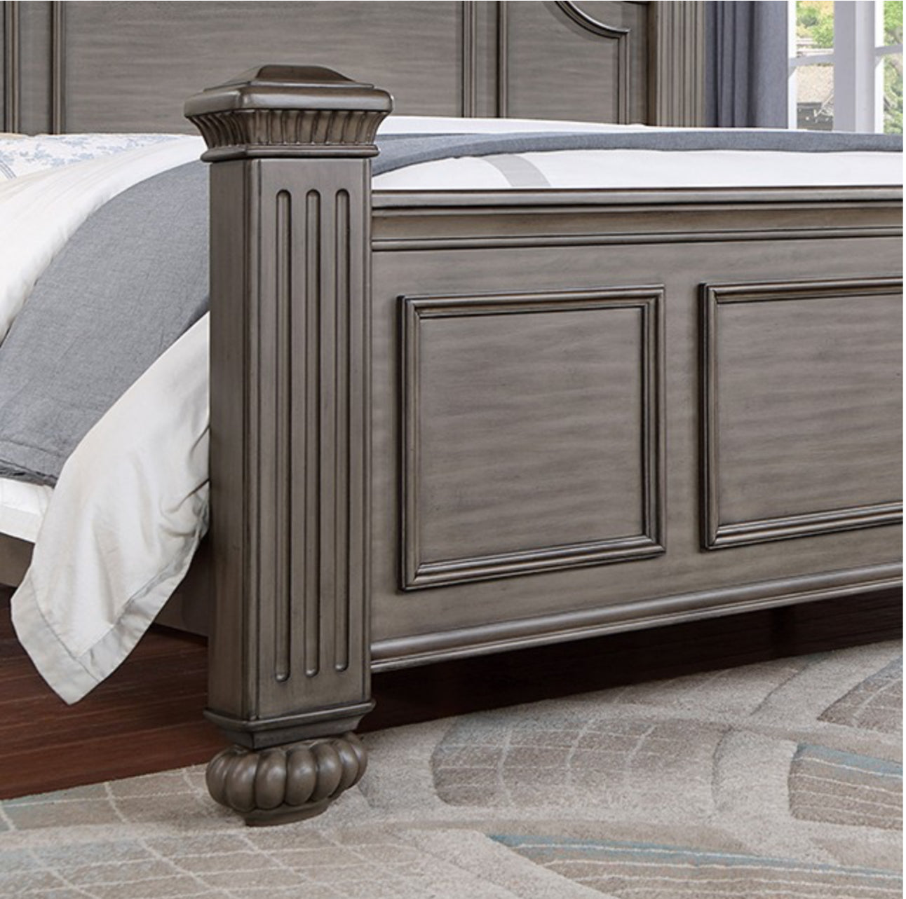 Solid Wood Gray Queen Bed with Mirrored Dresser, Chest and 2 Night Stands