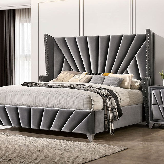 Gray Velvet Cal. King Bed with Mirrored Dresser and Chest