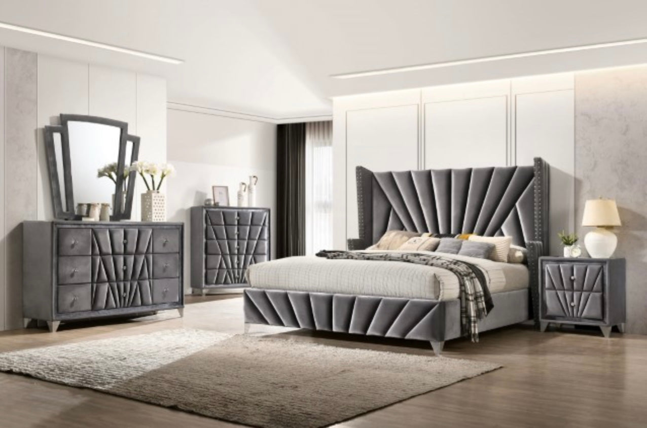 Gray Velvet Cal. King Bed with Mirrored Dresser and Chest