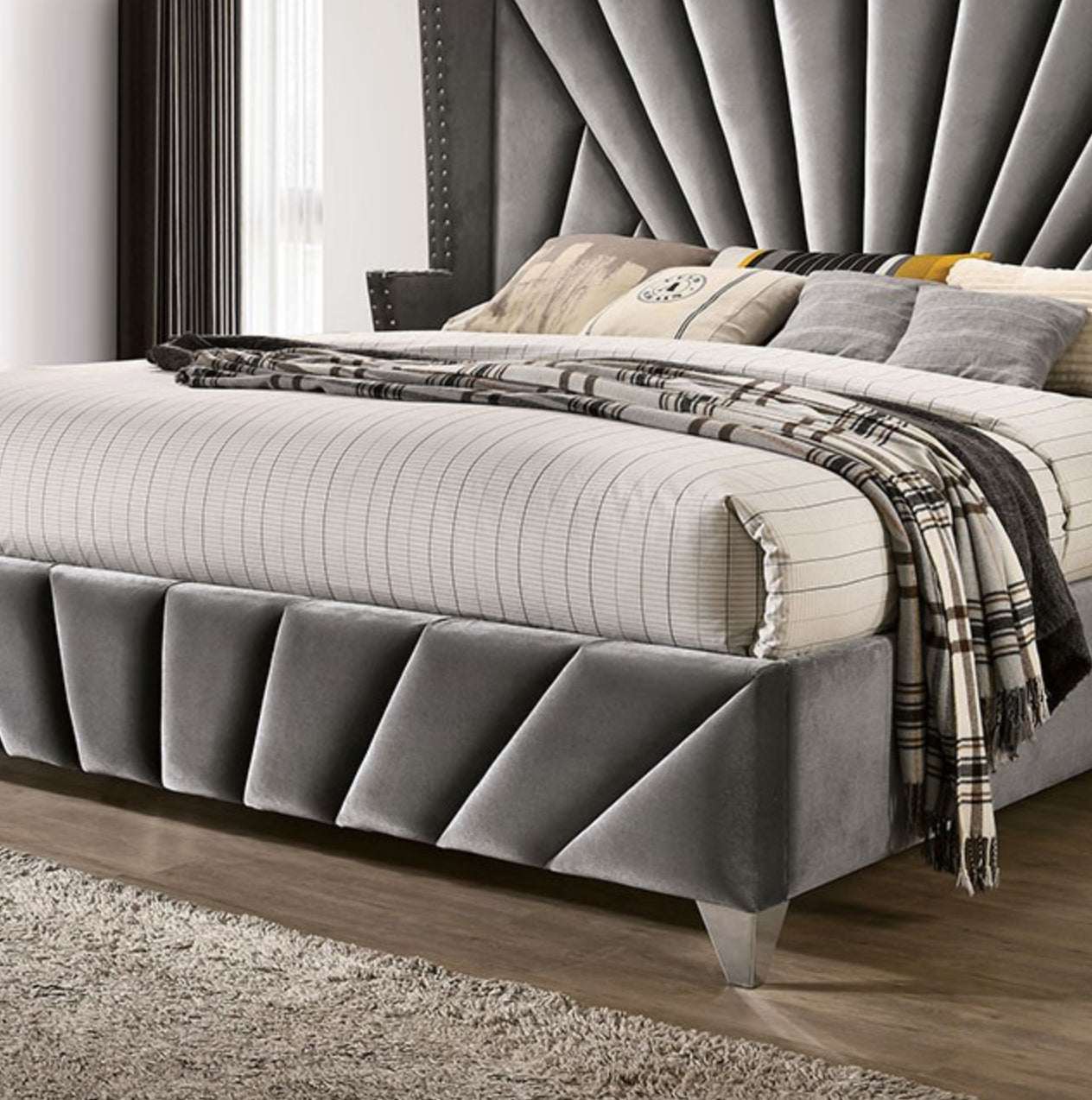 Gray Velvet Cal. King Bed with Mirrored Dresser and Chest