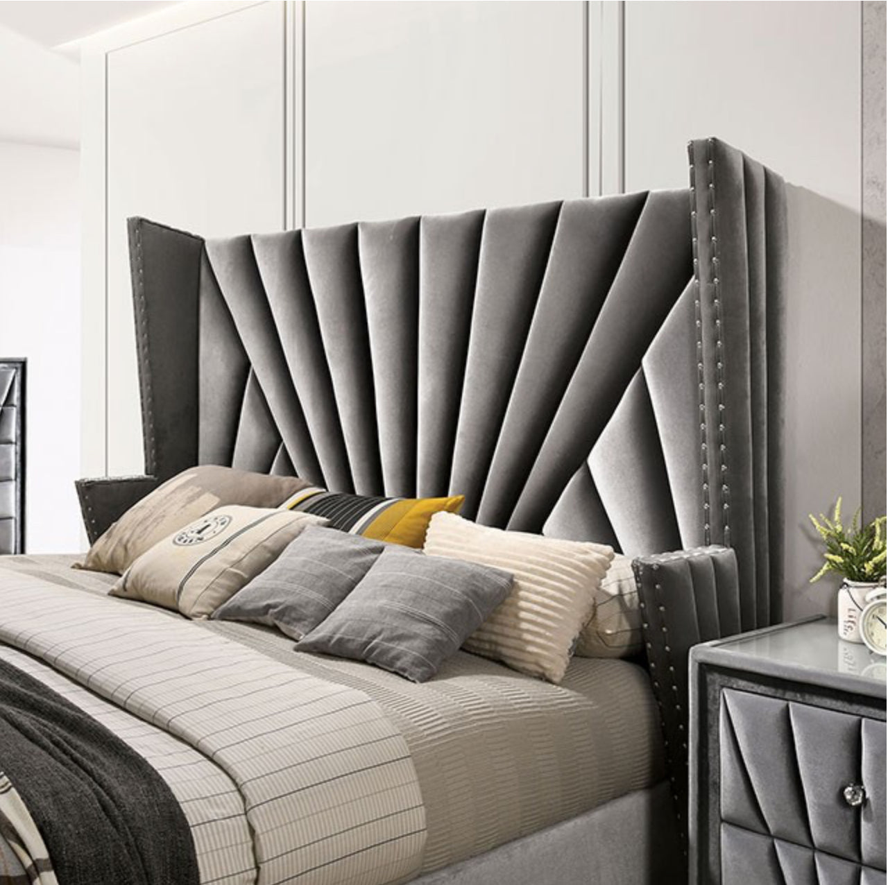 Gray Velvet Cal. King Bed with Mirrored Dresser and Chest