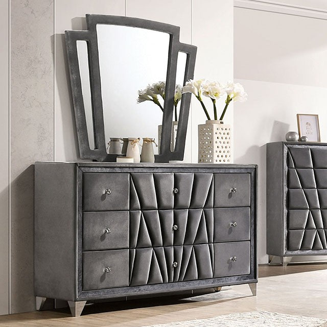 Gray Velvet Cal. King Bed with Mirrored Dresser and Chest