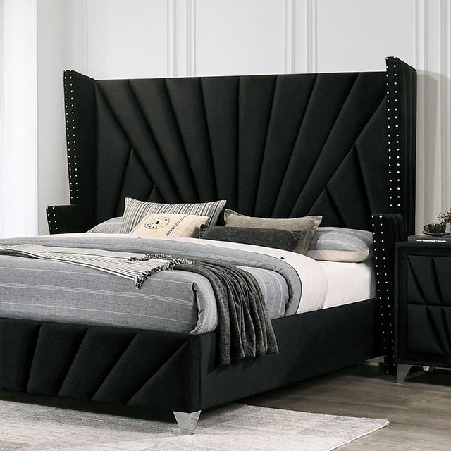 Black Velvet Queen Bed with Mirrored Dresser and Chest