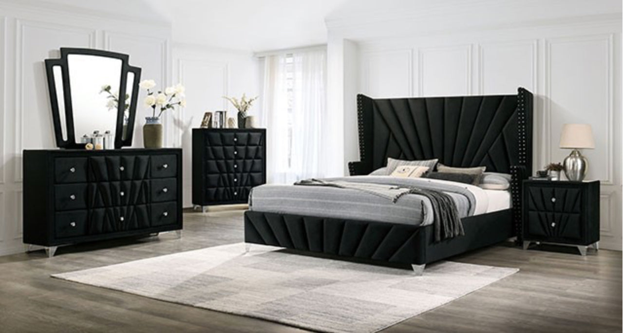 Black Velvet Queen Bed with Mirrored Dresser and Chest