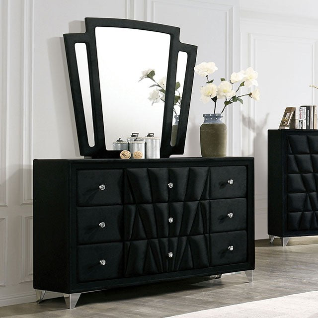 Black Velvet Queen Bed with Mirrored Dresser and Chest