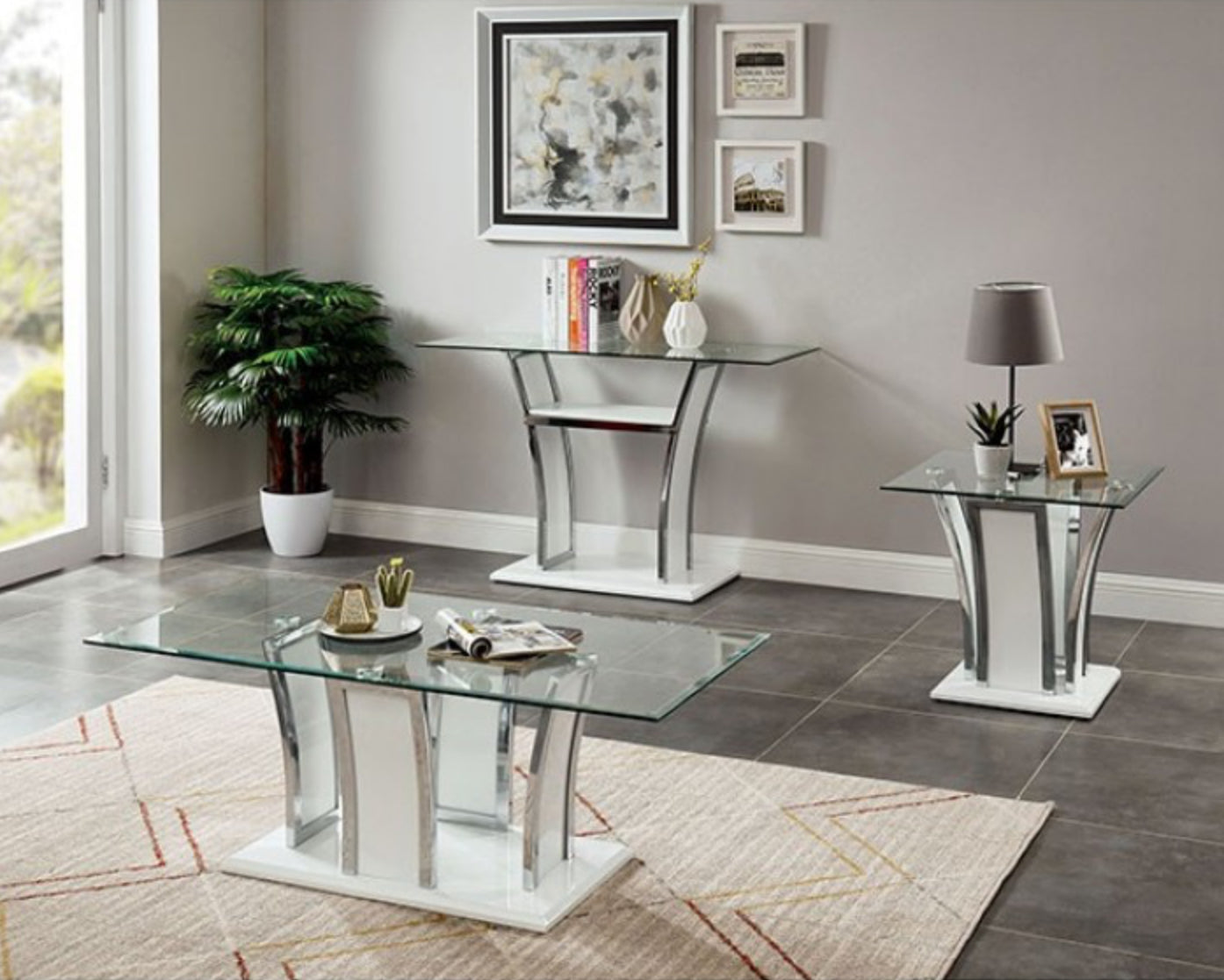 3 Piece Gloss White Chrome Table Set