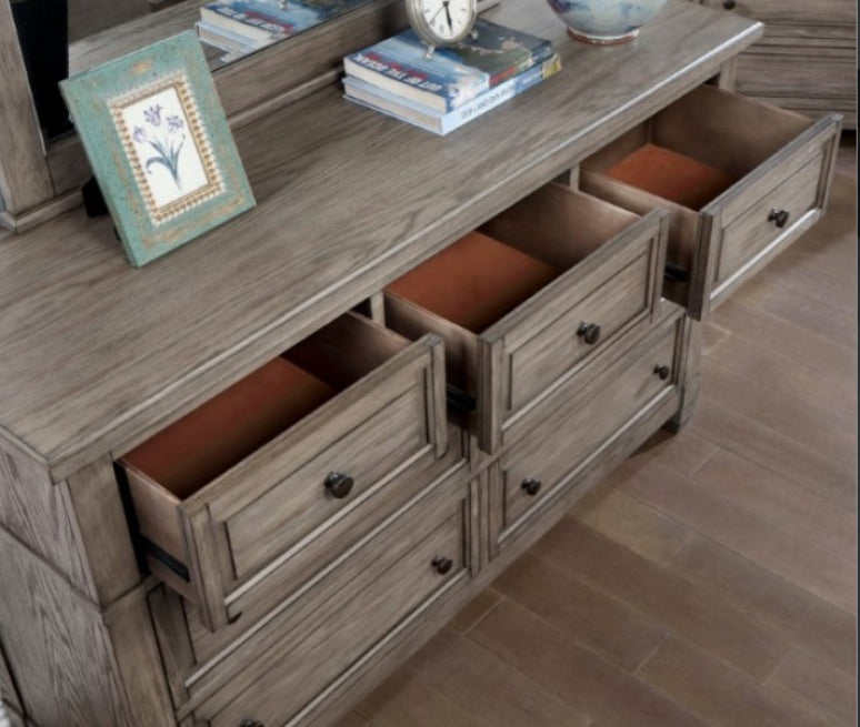 Solid Wood Warm Gray 7 Drawer Mirrored Dresser