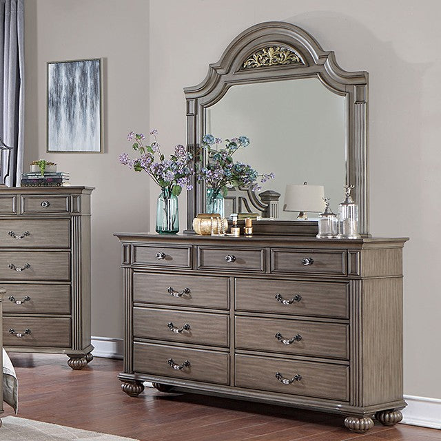 Solid Wood Gray Cal. King Bed with Mirrored Dresser, Chest, and 2 Night Stands