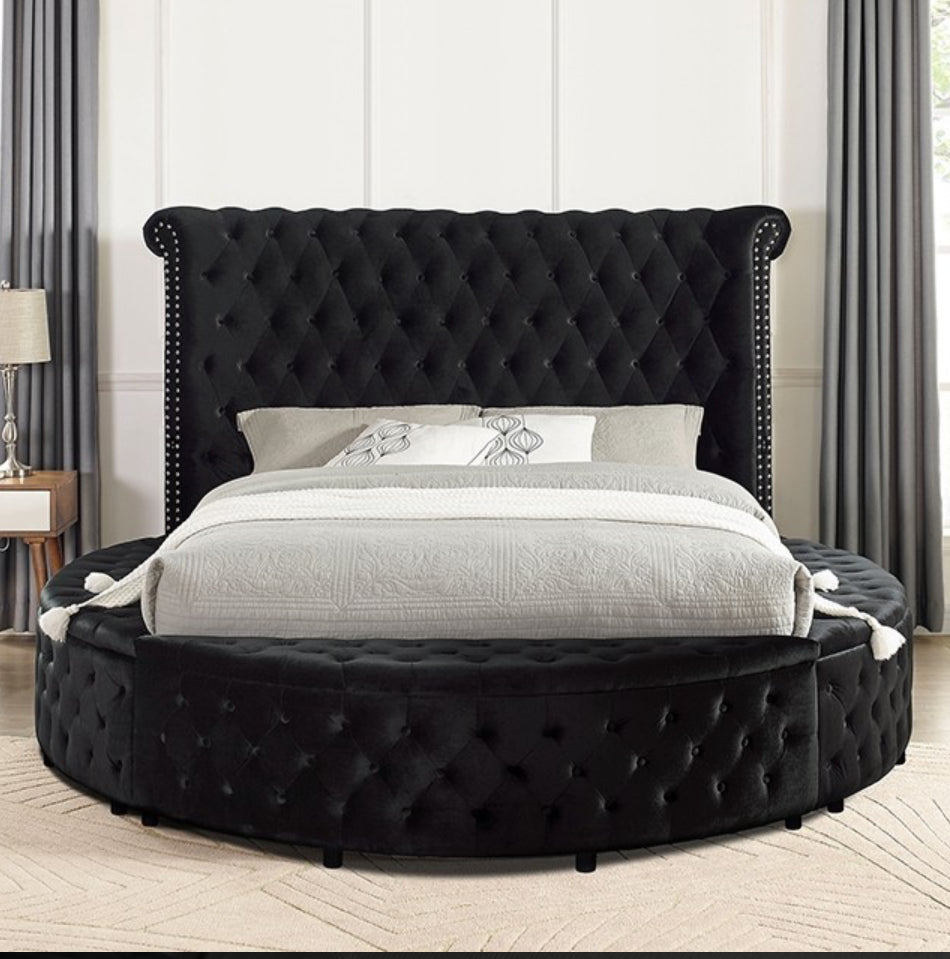 Black Velvet Queen Bed with Storage Compartment and USB Port