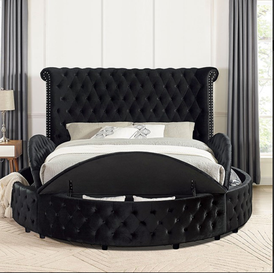 Black Velvet Queen Bed with Storage Compartment and USB Port