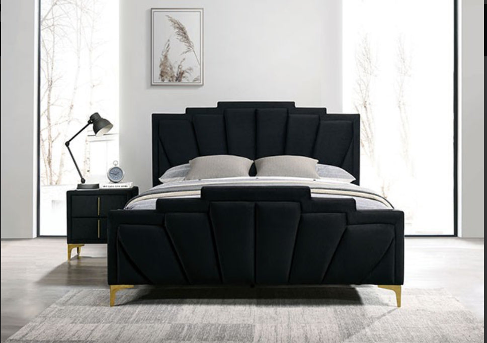 Slick Black/Gold Queen Bed with 2 Night Stands