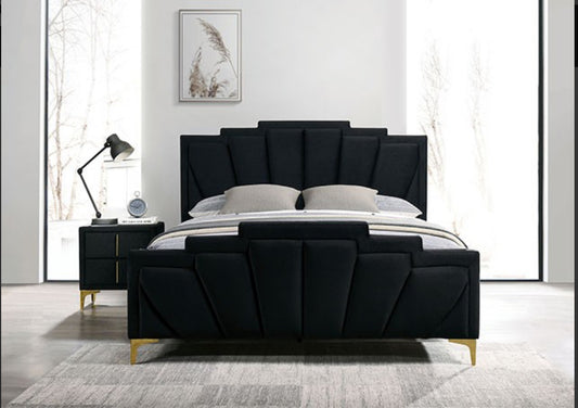 Slick Black/Gold Queen Bed with 2 Night Stands