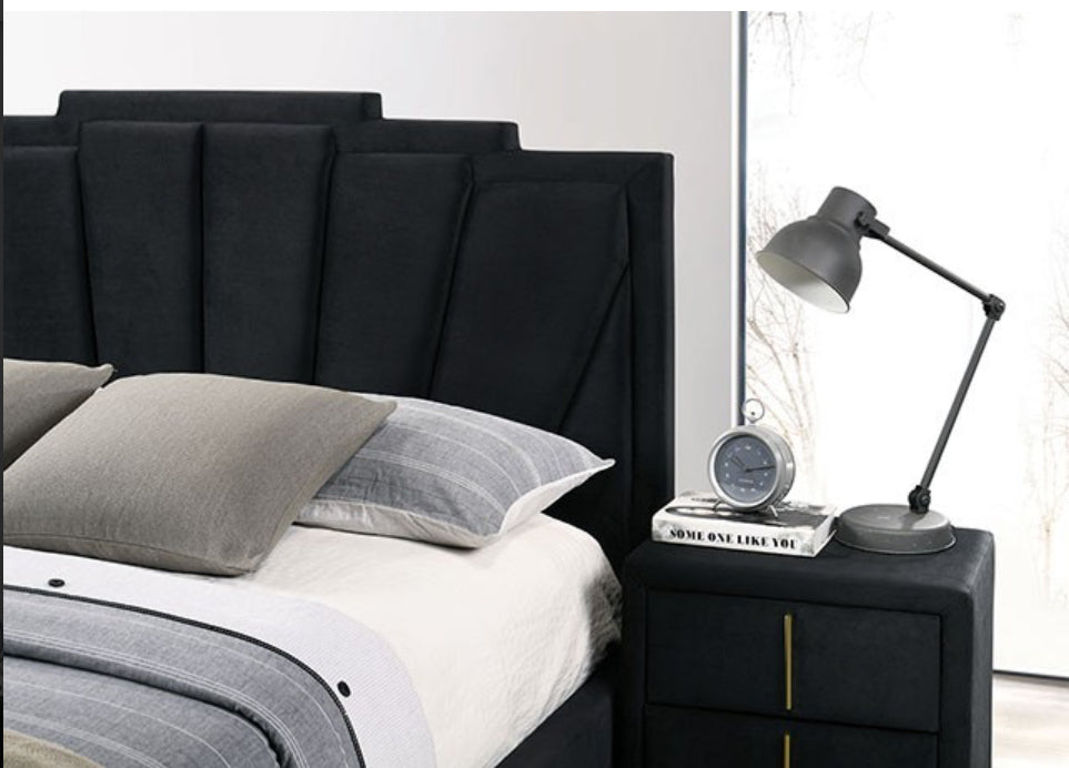 Slick Black/Gold Queen Bed with 2 Night Stands