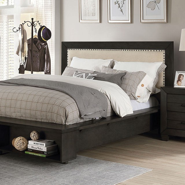 Solid Wood Dark Gray/Beige Queen Bed with Book Case Storage