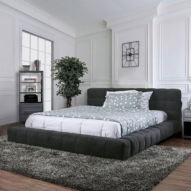 Dark Gray Low-Profile Cal. King Bed with USB Charger in Headboard