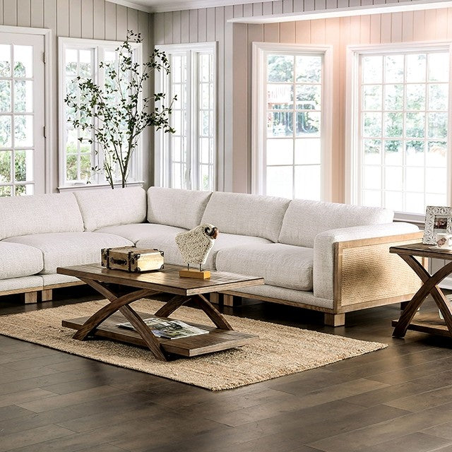 Ash Wood Trim Beige Sectional with Feather Fiber Pillows