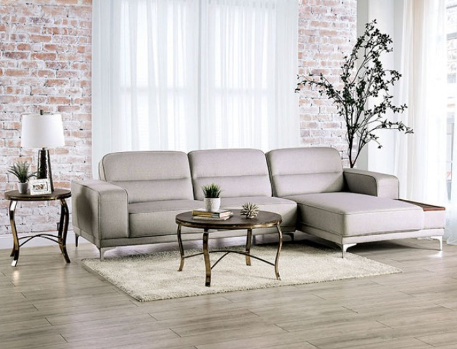 Midsized Light Gray Sectional with Chrome Metal Legs