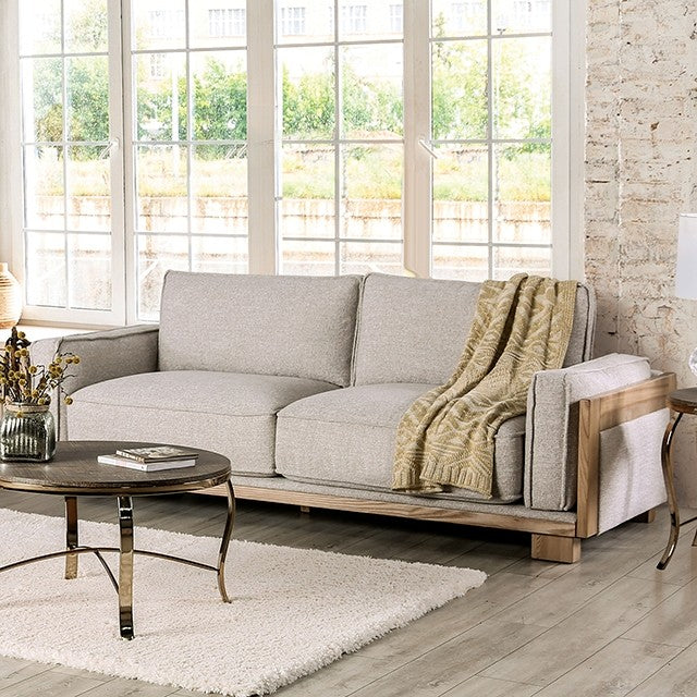 Light Brown Ash Wood Trim Sofa and Love Seat